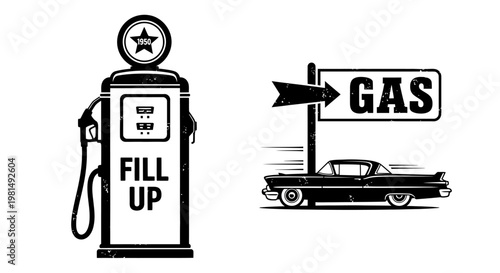 Retro Gas Station and Vintage Car Illustration: Fill Up