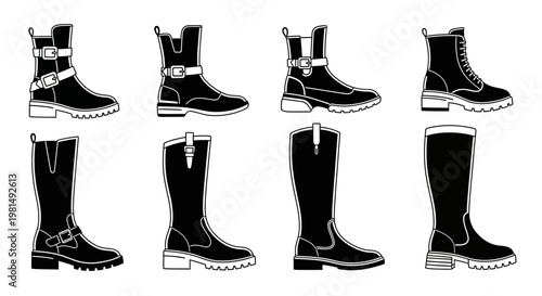 Set of Black Leather Boots Icons: Ankle, Mid-Calf, and Knee-High Styles