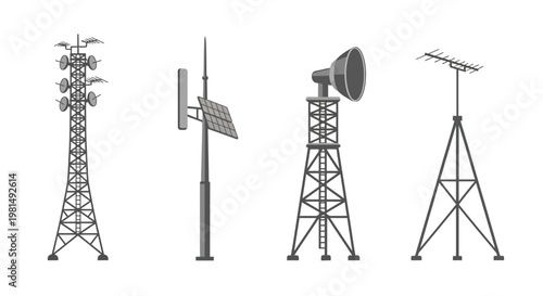 Set of communication towers: cell tower, solar powered tower, broadcast tower, and radio tower