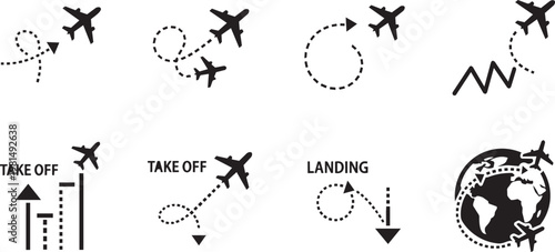 Of airplane flight phases with takeoff, flight path, and landing symbols aircraft