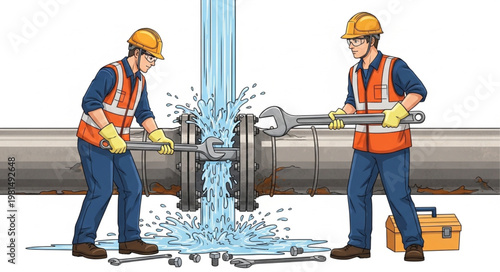 Two plumbers working together to fix a leaking pipe with water spraying out.