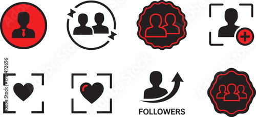 Of social media engagement symbols in red, black, and white, including hearts, thumbs up, and followers