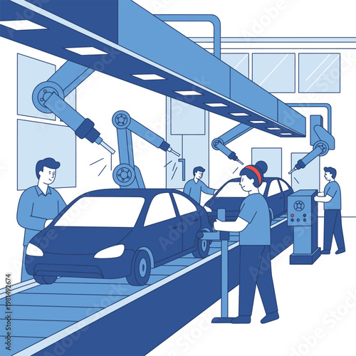 Automotive Factory Assembly Line with Robotic Arms and Workers.