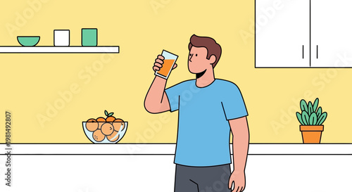 Man drinking orange juice in a modern kitchen with fresh oranges