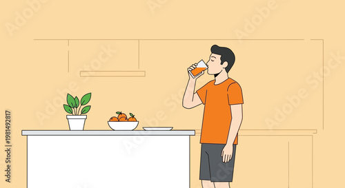 Man drinking orange juice in kitchen, healthy breakfast, fresh fruit, morning routine