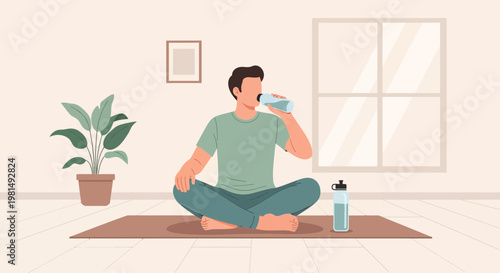 Man drinking water sitting in yoga pose on mat at home, healthy lifestyle