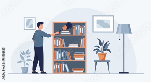 Man dusting bookshelf, home interior, cleaning, organizing, tidying up, domestic chores
