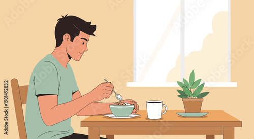 Man eating breakfast cereal with coffee at table near window with plant