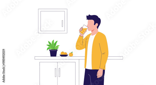 Man drinking orange juice in kitchen, healthy lifestyle, fresh fruit, morning routine