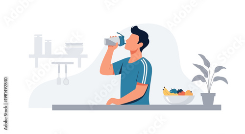 Man drinking water from bottle in kitchen, healthy lifestyle, hydration, fitness, wellness