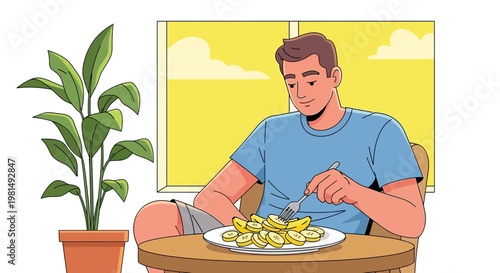 Man eating healthy breakfast of bananas and potatoes at a table with a plant