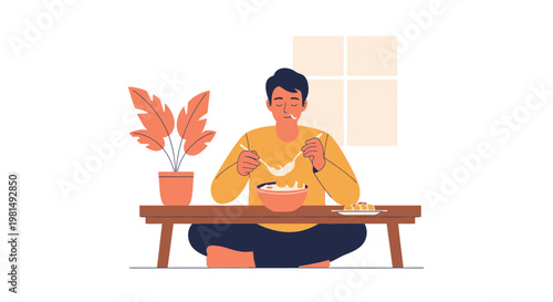 Man Eating Breakfast Cereal Sitting Cross-legged at Table