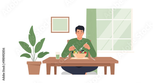 Man eating healthy salad at a table, enjoying a nutritious meal at home