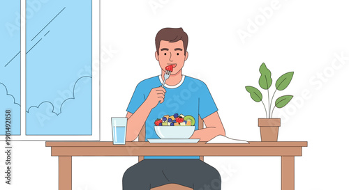 Man Eating Healthy Fruit Salad at Table Near Window