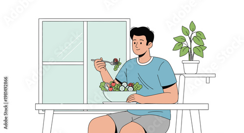 Man eating healthy salad at table near window, enjoying fresh food and lifestyle