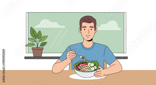Man eating healthy salad at home, enjoying a nutritious meal with fresh ingredients.