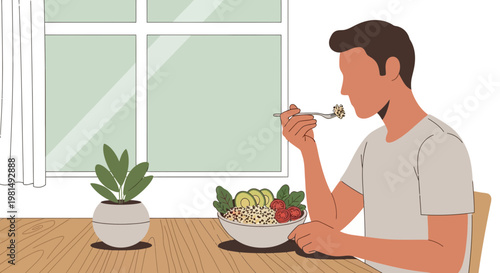 Man eating healthy salad bowl at home, enjoying a nutritious meal by the window