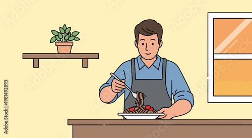 Man eating spaghetti with fork, enjoying homemade pasta dish with tomatoes and basil