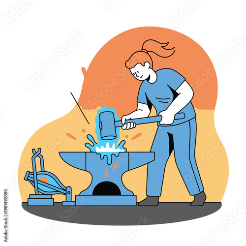 Blacksmith working with hammer on anvil.