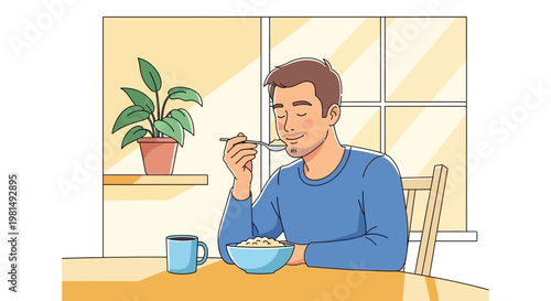 Man Enjoying a Healthy Breakfast of Oatmeal at a Sunlit Table