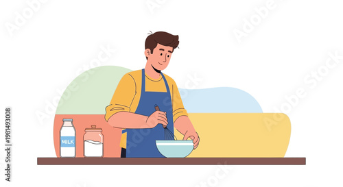 Man in apron mixing ingredients in bowl for baking, milk and flour nearby