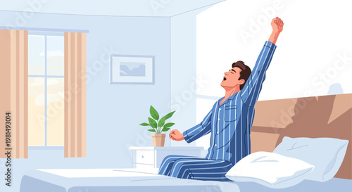 Man in Pajamas Stretching and Yawning in Bed, Waking Up in Morning Light