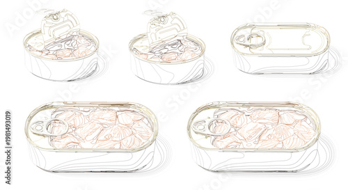 Canned food line art vector illustration set with open and closed tin cans for technical product manuals and packaging design