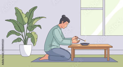Man Kneeling Performing Incense Ceremony, Zen Meditation, Peaceful Home Ritual