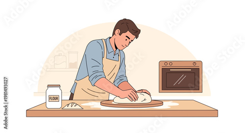 Man Kneading Dough for Baking Bread in Kitchen, Homemade Food Preparation