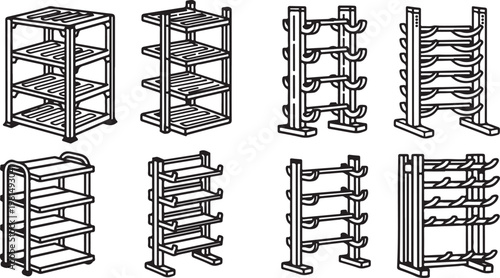Assorted wooden furniture designs with intricate lattice and slat patterns Vector