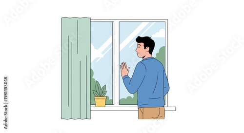 Man looking out window, waving, staying home, social distancing, quarantine, isolation