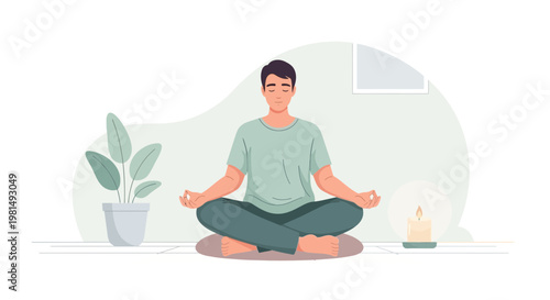 Man meditating in lotus position at home, practicing mindfulness and inner peace