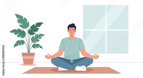 Man meditating in lotus pose at home, practicing mindfulness and inner peace.