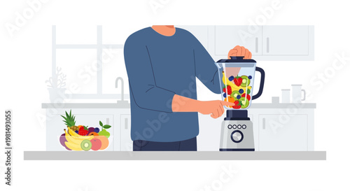 Man making healthy fruit smoothie in blender in modern kitchen, fresh ingredients nearby