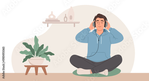 Man meditating with headphones, listening to music, practicing mindfulness and relaxation at home.
