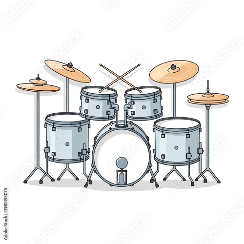 Drum set with cymbals and drumsticks on white background