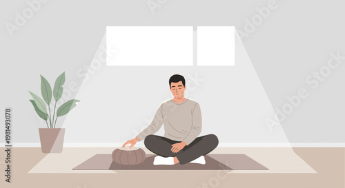 Man meditating in lotus pose at home, practicing mindfulness and inner peace