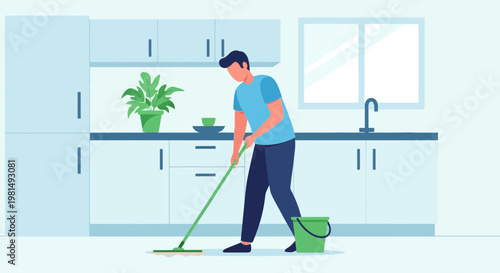 Man Mopping Kitchen Floor, Home Cleaning Service, Household Chores, Domestic Hygiene
