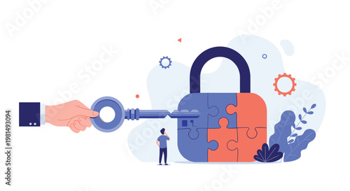 Business concept of solving a security challenge showing a giant hand inserting a key into a puzzle-shaped padlock.