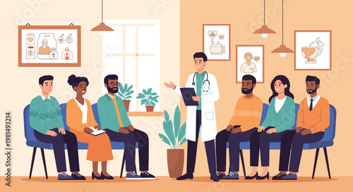 Friendly medical professional providing health information and answering questions for a diverse group of patients in a clinic waiting room.