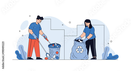 Dedicated young man and woman working together to collect trash and sort recycling into bags to protect the environment.