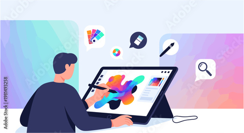 Graphic designer working on digital tablet with stylus in modern workspace for creative design