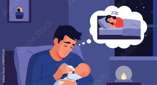 Exhausted father sitting in a chair feeding his baby with a bottle late at night while the mother peacefully sleeps in her bed.