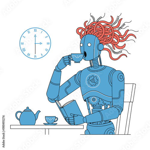 Blue Robot Enjoying Tea and Reading a Book.