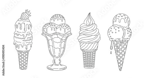 Delightful collection of four unique ice cream treats including cones and a sundae in a detailed line art style for coloring.