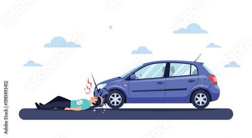 Dramatic scene showing a car accident where a blue vehicle has hit a male pedestrian on a city road under a cloudy sky.