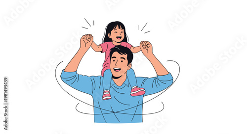 Happy father giving his young daughter a shoulder ride while smiling and laughing together against a plain white background.