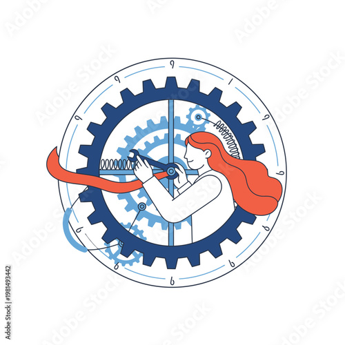 Woman Adjusting Intricate Clockwork Mechanism with Red Ribbon.