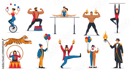 Large set of colorful circus performers and animals including a ringmaster, clown, strongman, gymnast, and performing tiger.