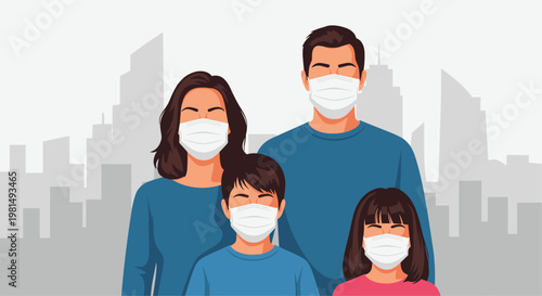 Family of four wearing white medical face masks for protection while standing together against a gray urban city skyline.